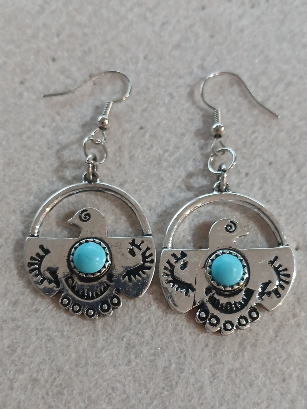 237- Turquoise look Stone Silver-tone Bird Drop Earrings